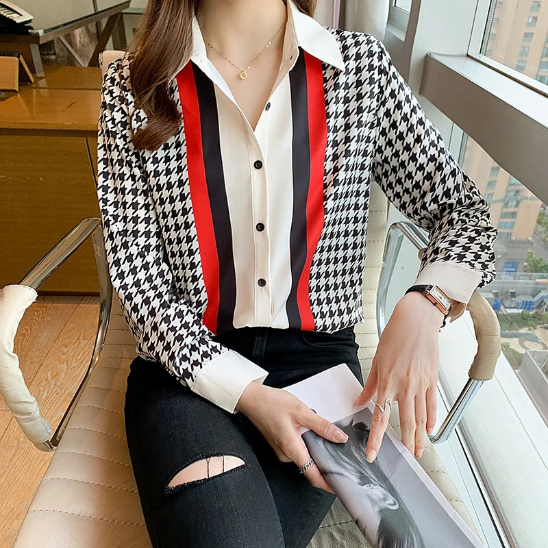 

Chikichi 2021 Spring and Autumn New Style Korean Fashion Chiffon Houndstooth Print Loose Long-sleeved Button Bottoming Shirt