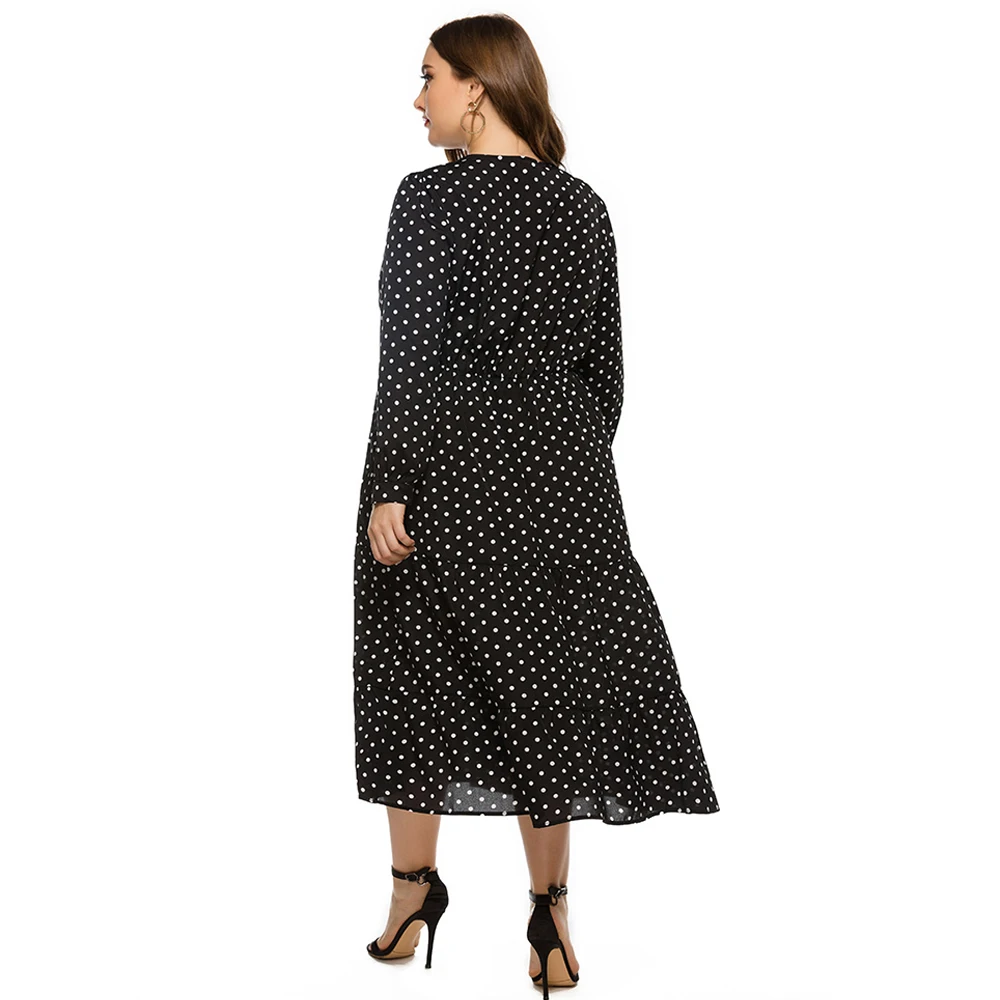 Женское шифоновое платье макси длинное с V-образным вырезом и принтом в горошек