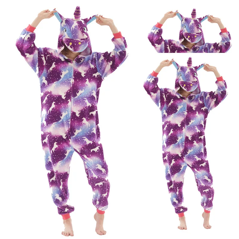 Purple Moon Unicorn Рождество Пижамы Для Женщин Теплый Сгущает Зиму Пижамы Kigurumi Единорог Пижамы Синий Стежка Животных Симпатичные С Капюшоном Унисекс Взрослых Домашней Одежды - Цвет: Purple Moon Unicorn