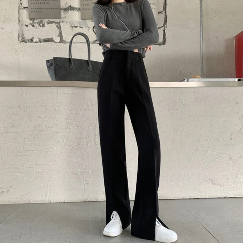 

Черные Костюмные брюки, женские Мешковатые повседневные Прямые брюки с высокой талией и разрезом, новые корейские широкие брюки, женские бр...