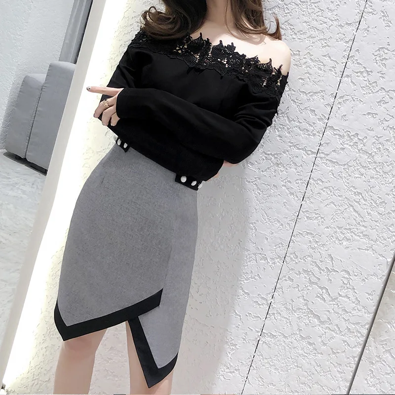 

Black Womens Shirts Female Slash Neck Lace Long Sleeve Blouse Women Female Blusas Lady Undershirt Top 2020 Women Clothes 205003