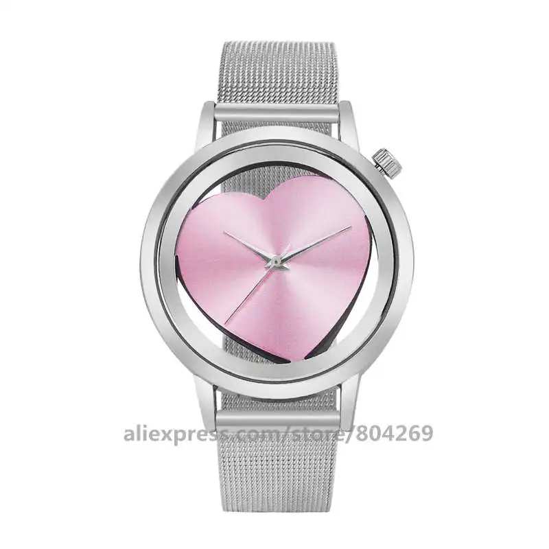 Luxury Rose Gold Silver Women Watches Creative Sweet Hollow Heart Dial Quartz Wrist Watch Mesh Ladies Dress Clock 8687