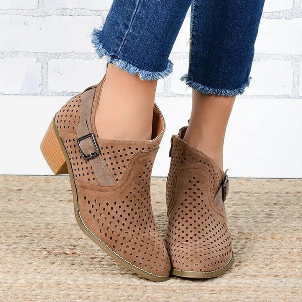 Women Ankle Boots Hollow Shoes Female Casual Belt Buckle Women's Large Size Autumn High-Heeled Shoe botas mujer #903 | Обувь