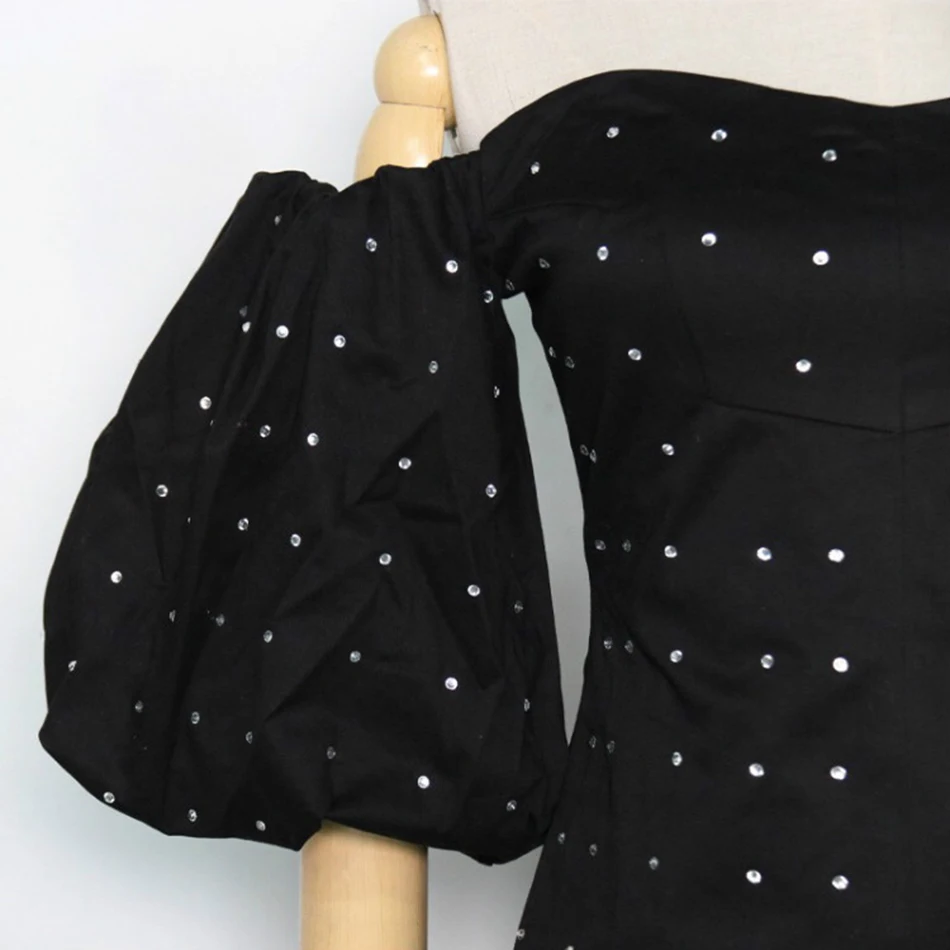 

Ailigou 2021 Summer New Women'S Polka Dot Dress High Quality Chic Dew Beaded Lantern Sleeve High Waist Mini Sexy Party Dress