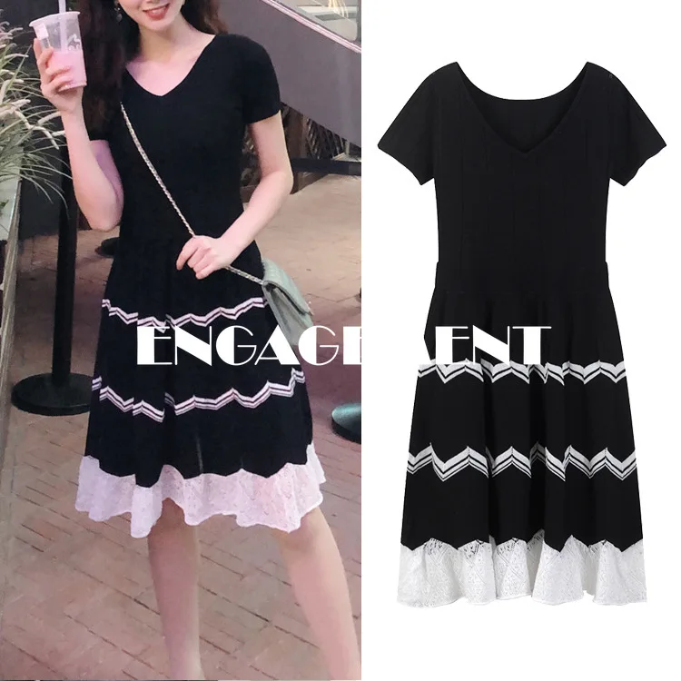 

ENGAGEMENT 2021 Summer V-neck Contrast Wave Pattern Waist A Skirt Short Sleeve Knitted Temperament Dress