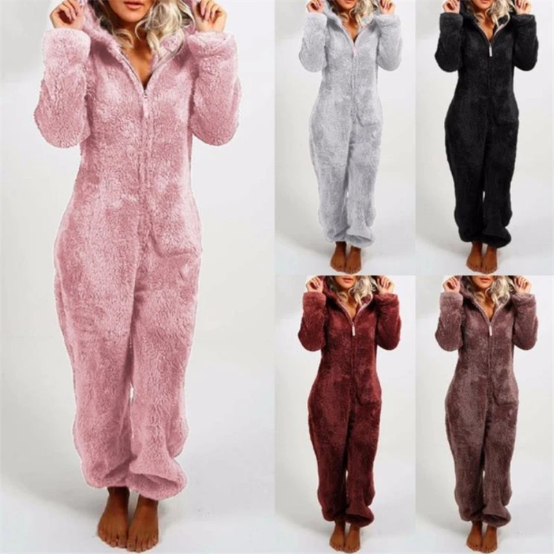 

Winter Warm Pyjamas Women Onesies Fluffy Fleece Jumpsuits Sleepwear Overall Hood Sets Pajamas For Women AdultS-