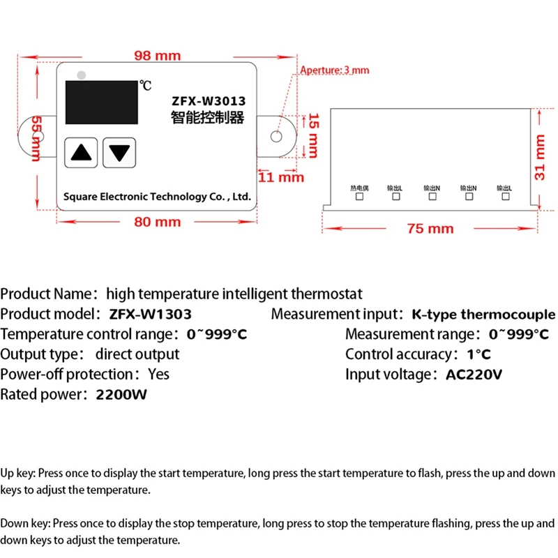 

ZFX-W3013 Smart Controller Waterproof High Temperature Seal Potting K-Type Thermocouple Sensor 0-999 Probe