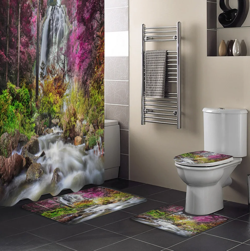 Plant Forest Waterfall Tropical Rainforest Shower Curtain Toilet Seat Cover Set Wc Accessories Mat Bathroom Decor Bath Curtains | Дом и сад