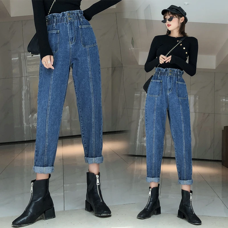

Dunayskiy 2021 New Fashion Spring Vintage Mom Jeans Woman High Waist Long Trousers Cowboy Female Loose Streetwear