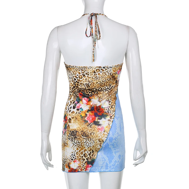 

CIBBAR Flower Printing Halter Dresses Women Sleeveless Skinny Mini Dress Summer Bodycon Party Outfits Casual Colorful Streetwear