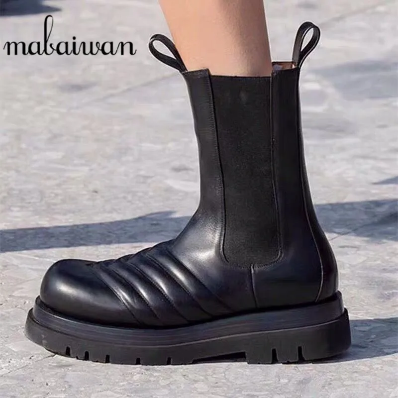 Модные зимние ботинки челси Mabaiwan Черные ботильоны из натуральной кожи обувь на