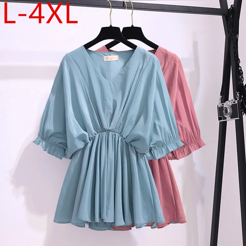 

L-4XL Fit Weight 50-100KG Plus Size Blouse For Women 2021 New Summer Solid V-Neck Puff Sleeve Large Loose Elegant Female Tops