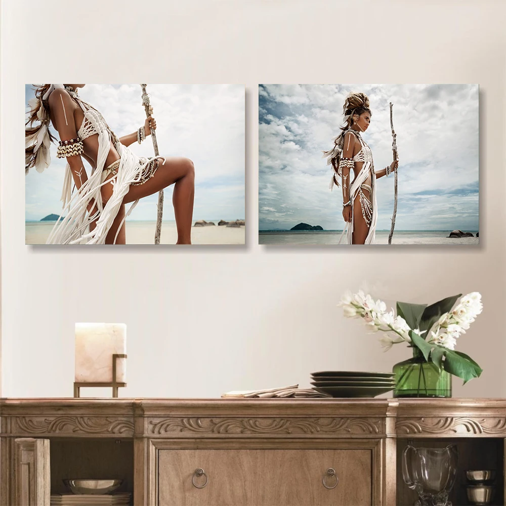 

Scandinavian Tribe Woman Poster Figure Canvas Painting Photography Art Print Norbic Wall Picture For Living Room Home Decor