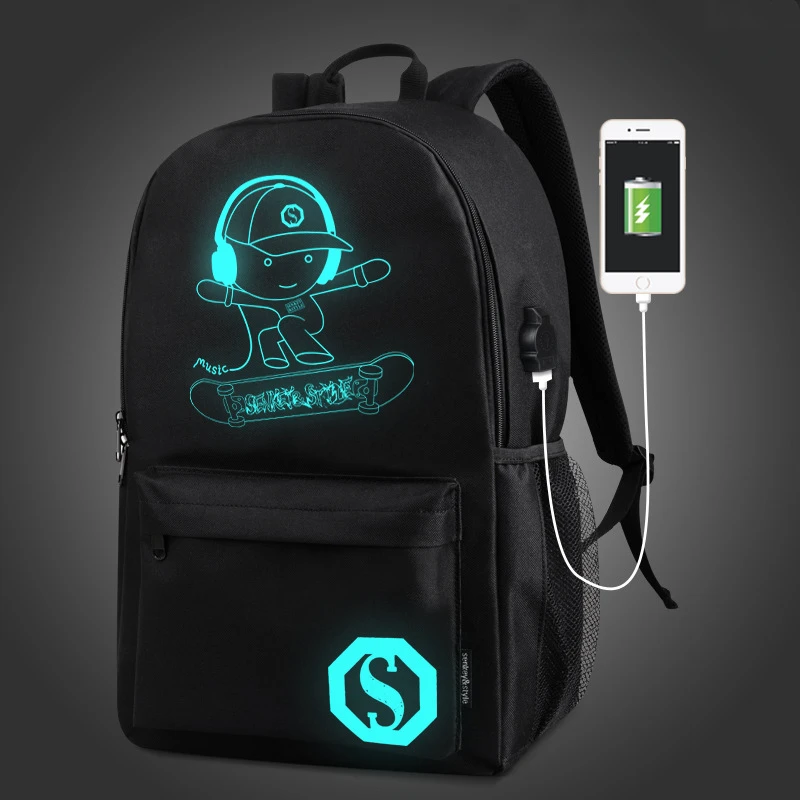 Рюкзак мужской светящийся с USB разъемом модный ранец для компьютера школы и