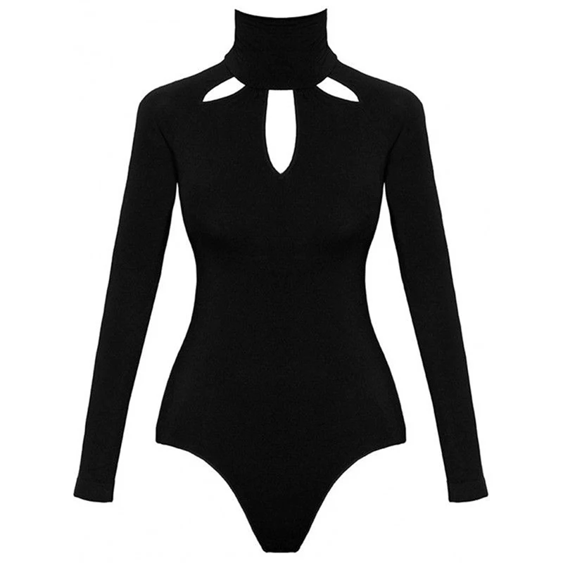 

Fashion Sexy Women Bodysuits High Collar Hollow Out Long Sleeve Bodycon Jumpsuit Slim Fit Solid Sexy Women Bodysuits Rompers