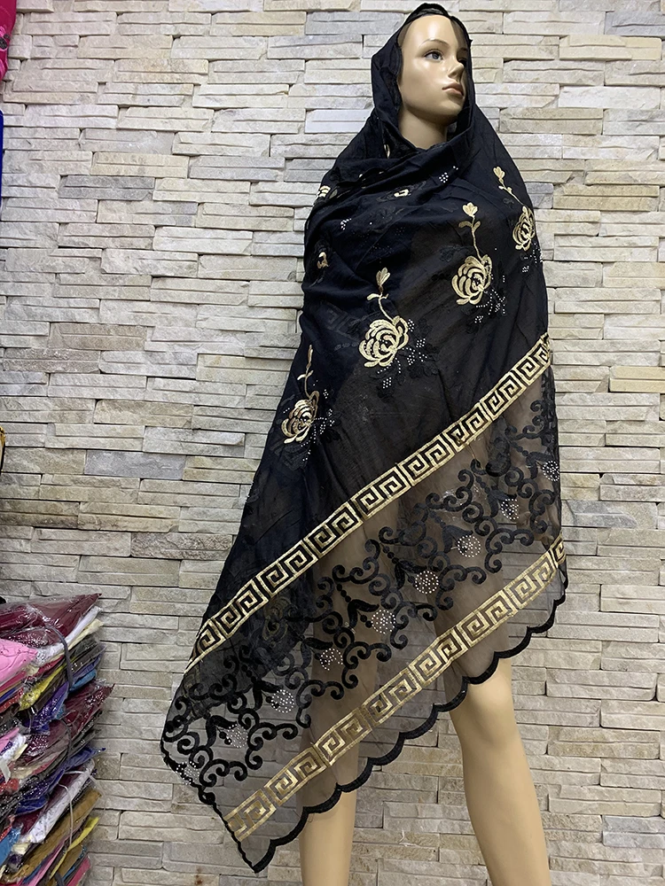 Top Selling African Women Scarf Muslim Embroidery Cotton Splicing net scarf Big Soft Headscarf Hijab BM816 |