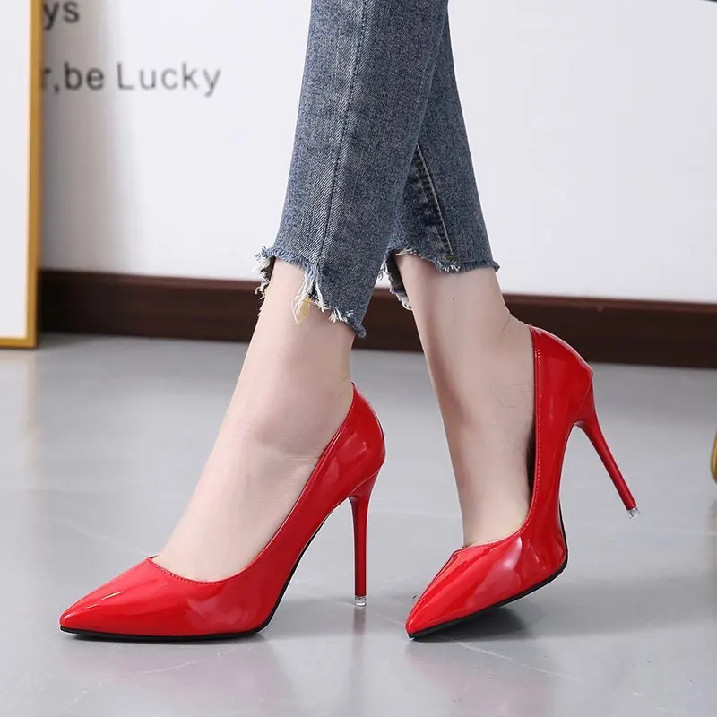 

High Heels Sexy 10cm Women Pumps Pointed Toe Fetish Stilettos Model Show Wedding Party Dress Ladies Red Shoes Plus Size 44