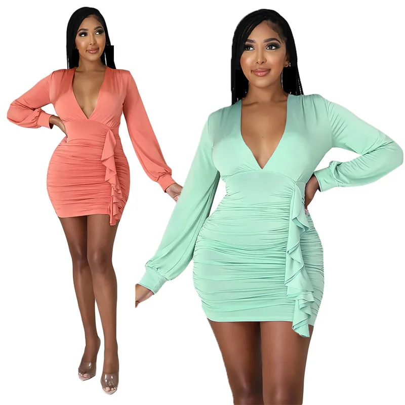 

WUHE Sexy Deep V Neck Ruched Mini Women Dress Elegant Ruffles Long Sleeve Bodycon Shirring Club wear Party Dresses Robe Lounge