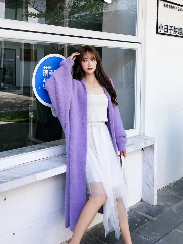 

Brand famous New 2021 spring ladies purple color long faux mink velvet cardigan coats A59