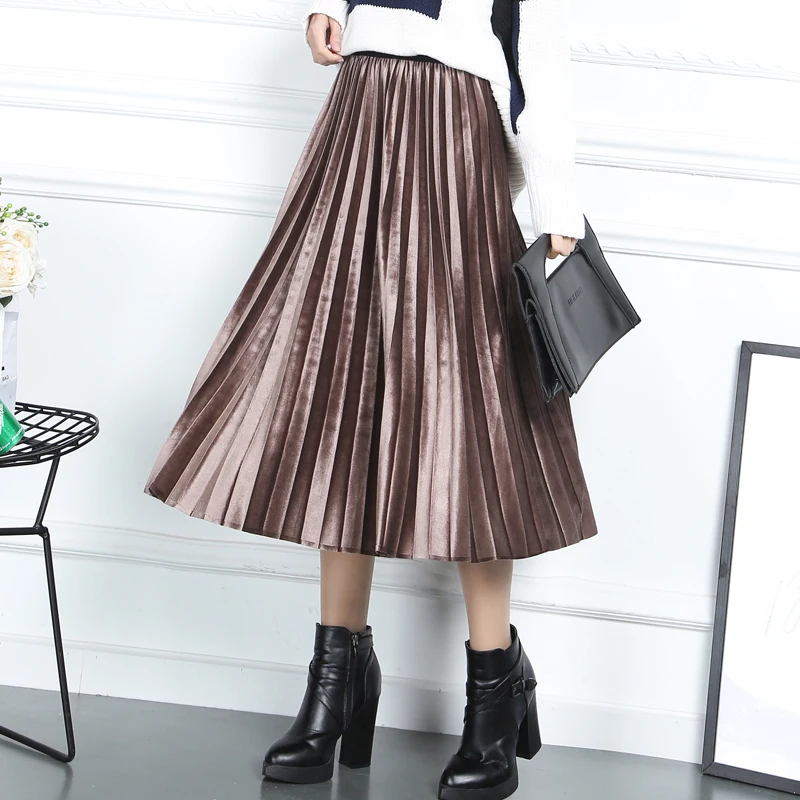 Осенне-зимние длинные плиссированные юбки с эластичной талией из металлического