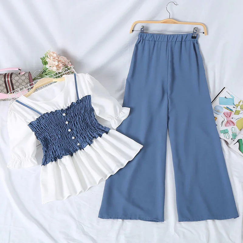 

Two Piece Set 2021 Summer New Style Women Suit Fashion Chiffon Wide Leg Pants Short Sleeve Sling Splicing Crop Top Club Outfits