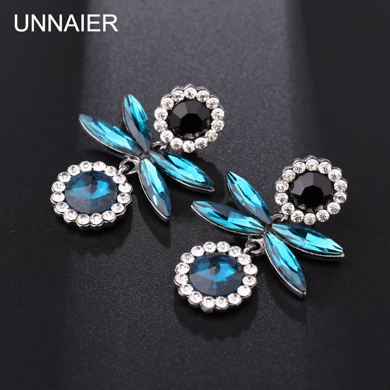 

UNNAIER fashion sweet romantic blue Semi-precious stones earring Female Prevent allergy Rhinestone Ear jewelry