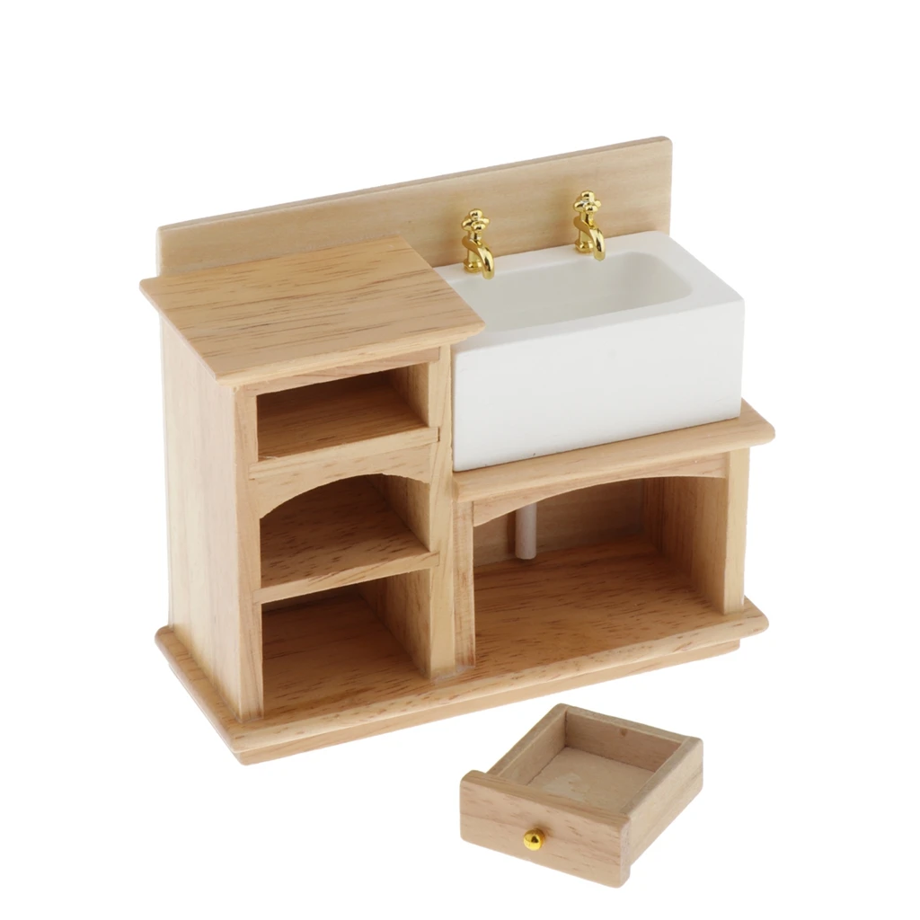 Миниатюрный деревянный шкаф с керамической раковиной мебель для 1/12 кукольного