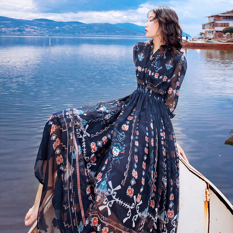 

2021 New Summer Fashion Runway Bohemia Vintage Jacquard Print Maxi Dress Puff Sleeve Robe Femme Charming Muslim Arabic Clothing