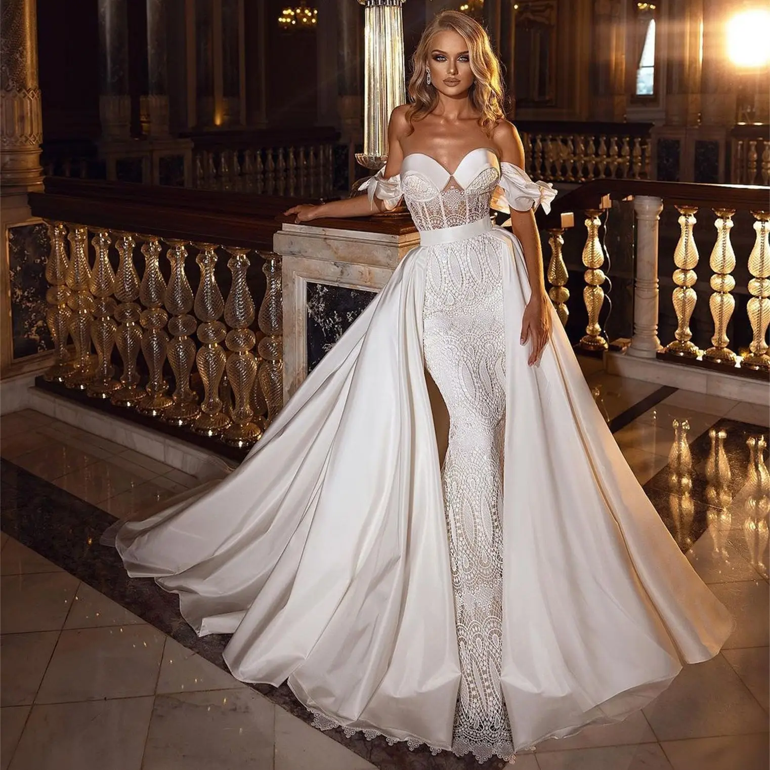 

Lace Mermaid Wedding Dresses with Detachable Train Off the Shoulder Beach Bridal Gowns Sweetheart Customize Vestidos De Novia
