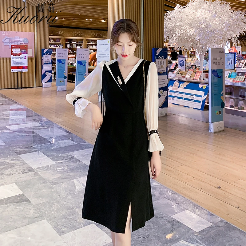

Women Autumn Satin Long Sleeve Dress Black Casual Sukienka Midi V Neck Size S-3XL Spring Streetwear Robe Femme Chic Vestidos