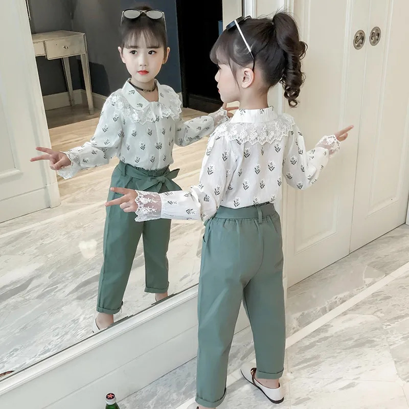 

2021 new girls fashion spring and autumn suit floral shirt trousers 2-piece set children's embroidery top girl princess costume