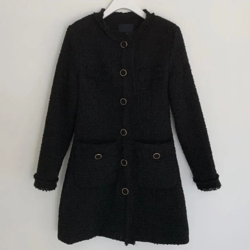 

Elegant temperament o-neck tassel tweed dress women single-breasted long-sleeved a-line dress