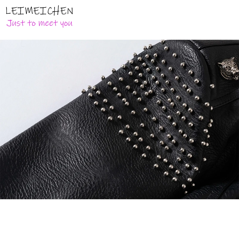 

LEIMEICHEN Women's Slim PU Leather Jacket Punk Rock Fashion Tiger Head Print Rivet Jacket Knight short leather top SIZE S-3XL