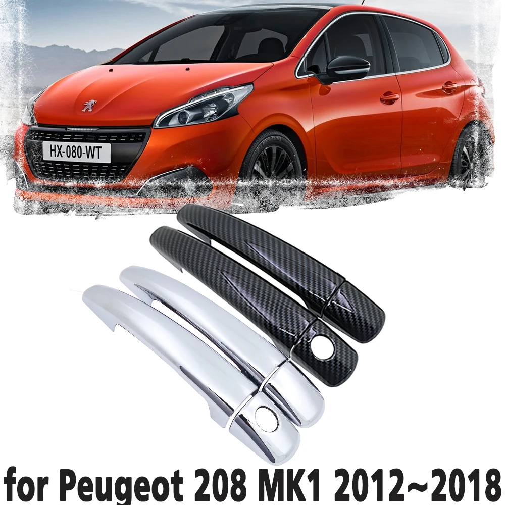 Black Carbon Fiber handle Or Chrome Side Door Cover Trim Set  for Peugeot 208 MK1 2012~2018 Car Accessories 2013 2014 2015 2016