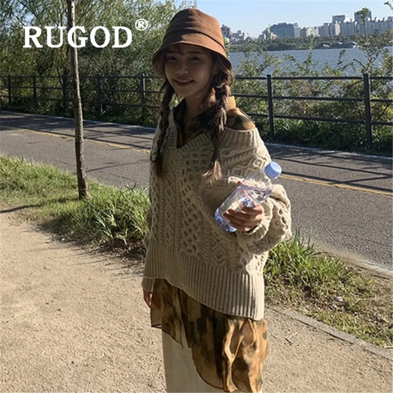 Свободный свитер RUGOD с V-образным вырезом Женский Однотонный пуловер джемпер