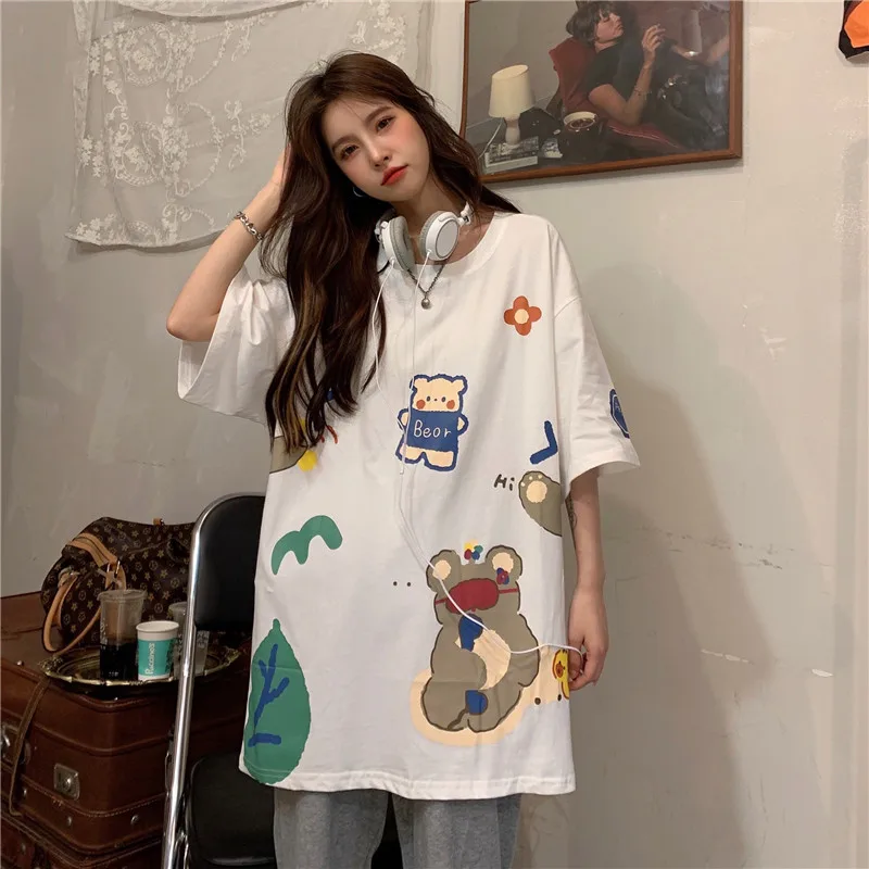 

Fashion Brand Vintage Bear Short-Sleeved T-shirt Female 2021 Loose Korean Ins Trendy Harajuku Japanese Style Half