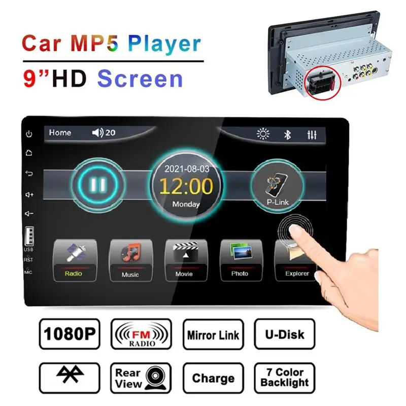 

9-дюймовый 1DIN Автомобильный MP5 плеер с кабелем питания HD1080P USB AUX Видео сенсорный экран стерео Универсальный Bluetooth-совместимый FM-радио