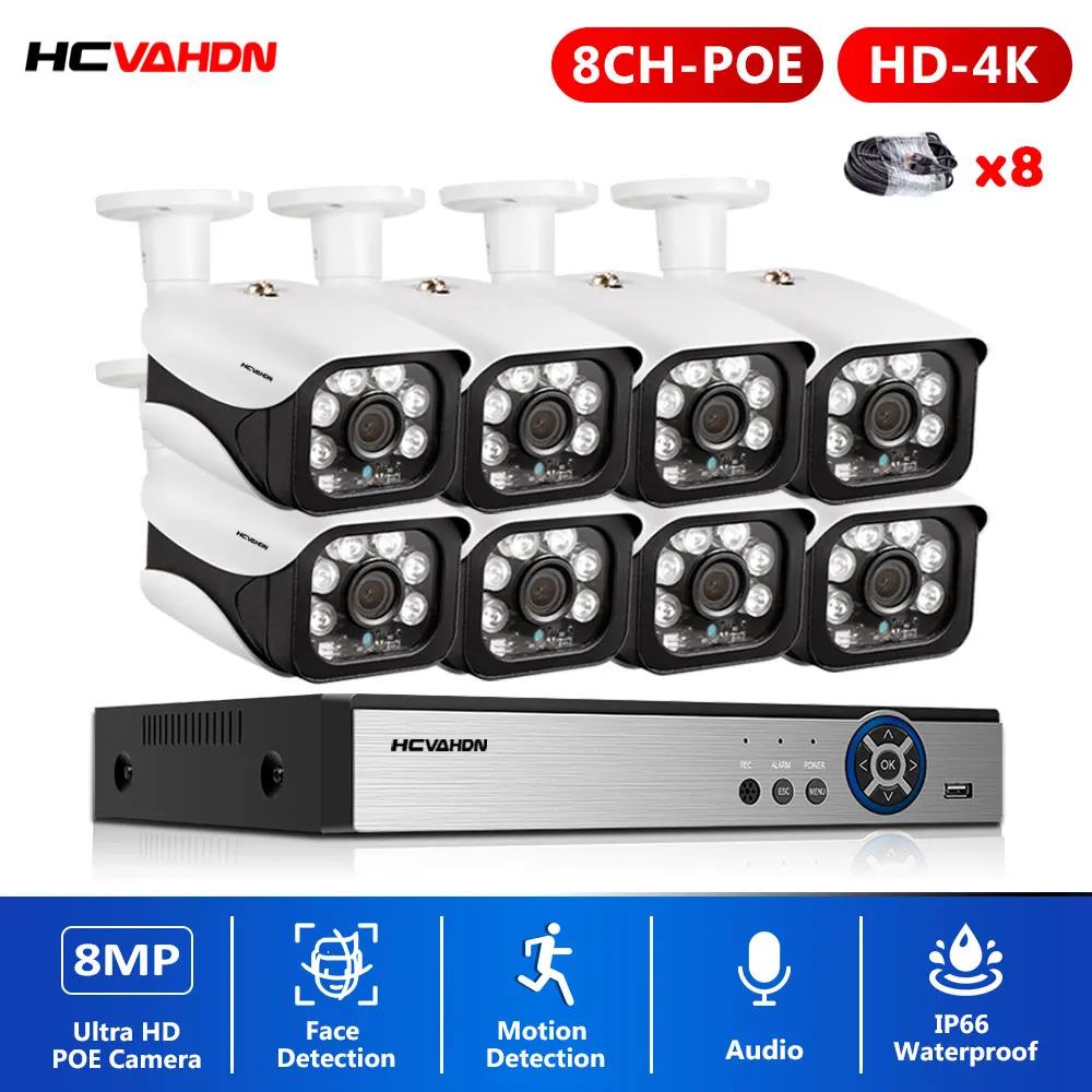 

HCVAHDN 4K 8CH Video Surveillance Kit 8MP CCTV Camera Security System H.265 Audio Record Poe Bullet IP Camera NVR Set