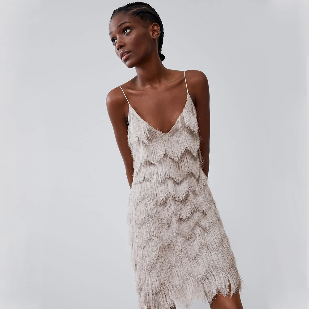 2019 осеннее женское платье с кисточками на подтяжках белое темпераментное