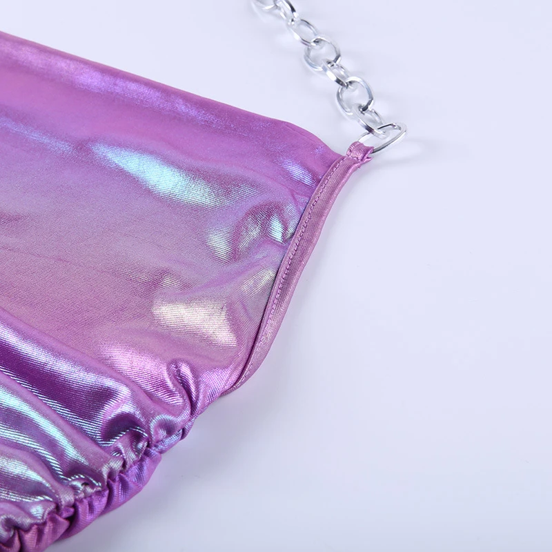

Holographic Sexy Sleeveless Backless Solid Camis Adjustale Metal Chain Shirring Drawstring Cross Halter Camisole For Women