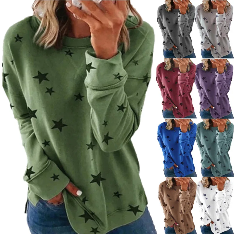 

New Long-sleeve O-neck Cotton Top Large Size Casual Print Clothes Five Star Pattern Cute Loose Tunic Thin Fashion Pullovers 2021