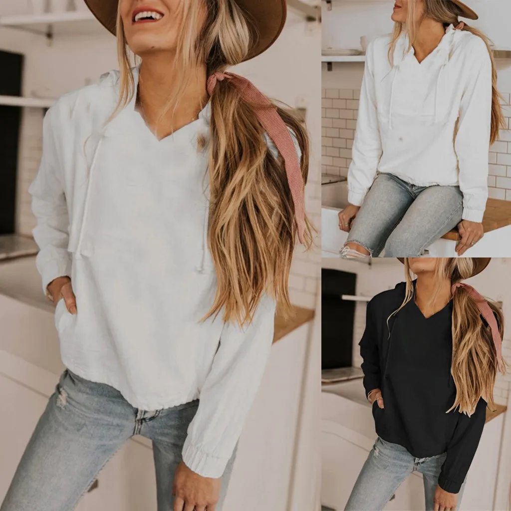 

Vogue Winter And Autumn Women's Solid Color Long Sleeve Hoodie Sweatershirt Top Black And White Polyester Comfortable Wild