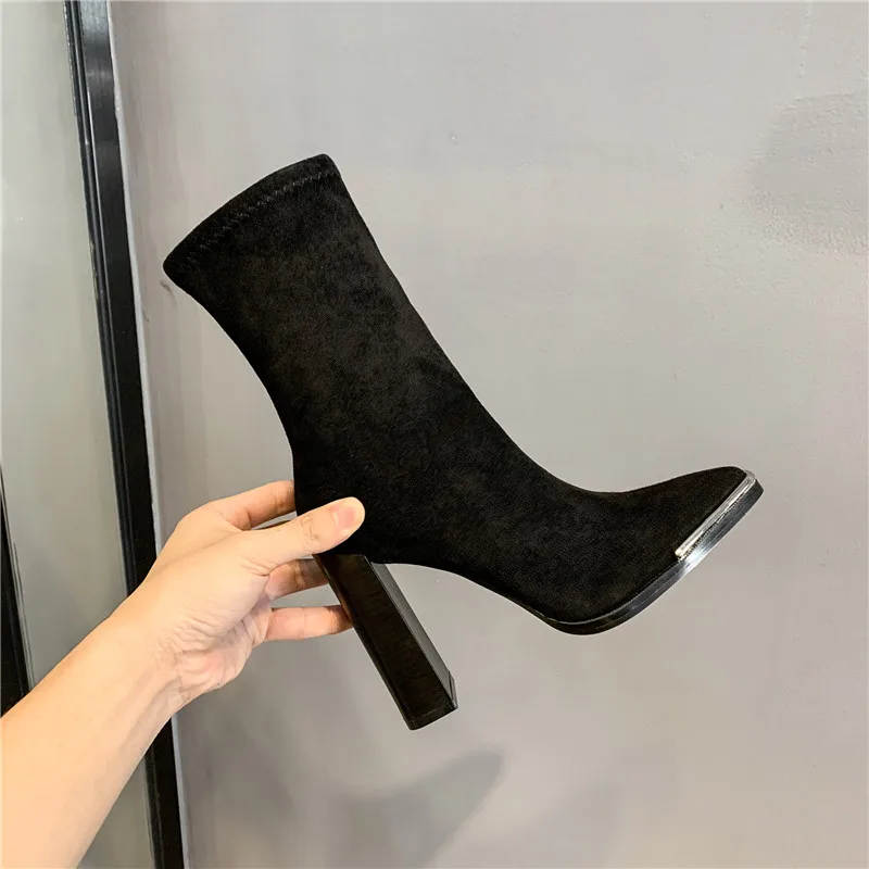 Женские кожаные ботинки знаменитости черные эластичные ботильоны на высоком