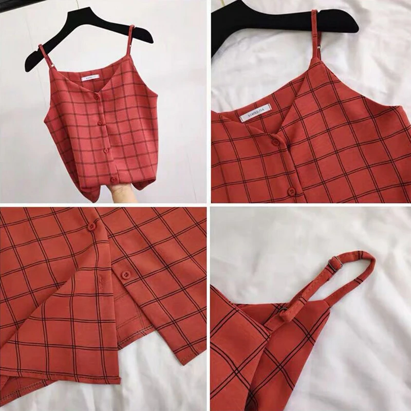 Модный клетчатый шифоновый топ на бретельках женский летний Свободный Топ