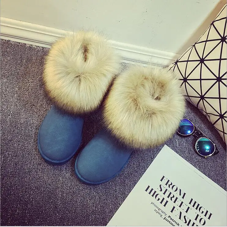 2019 Fashion Girls Cow Suede Leather Fox Fur Women Short Winter boots for Ankle Snow Boots Keep Warm Shoes Black Brown | Обувь