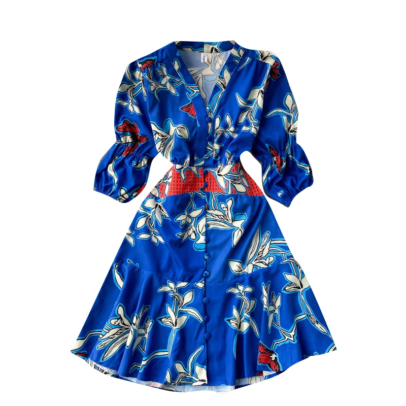 

2021 Spring Summer Dress Retro Fashion Print Vestidos Female V-neck Puff Sleeve Waist Lotus Leaf Fishtail Mini Dress
