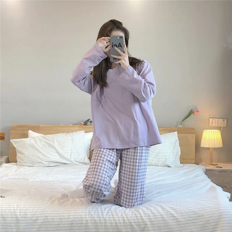 

Harajpee Kawaii Girl's Plaid Pajamas Suit Long Sleeves Can Be Worn Out In Autumn and Winter 2021 New Korean Casual Fashion Women