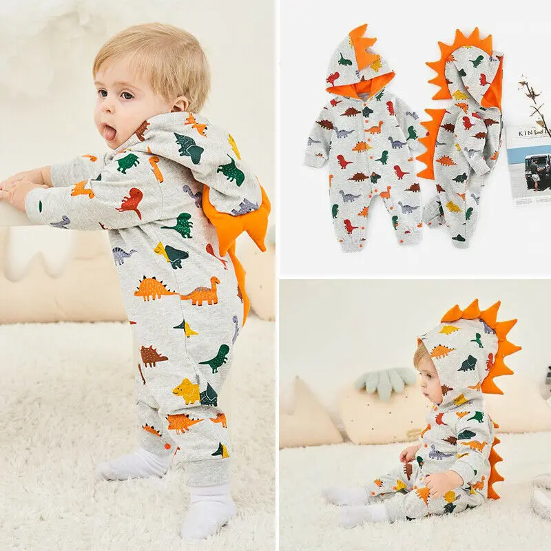 

Newborn Autumn Baby Boys Girls Kids Dinosaur Climbing Suit Romper Winter Hooded Clothes 0-24M