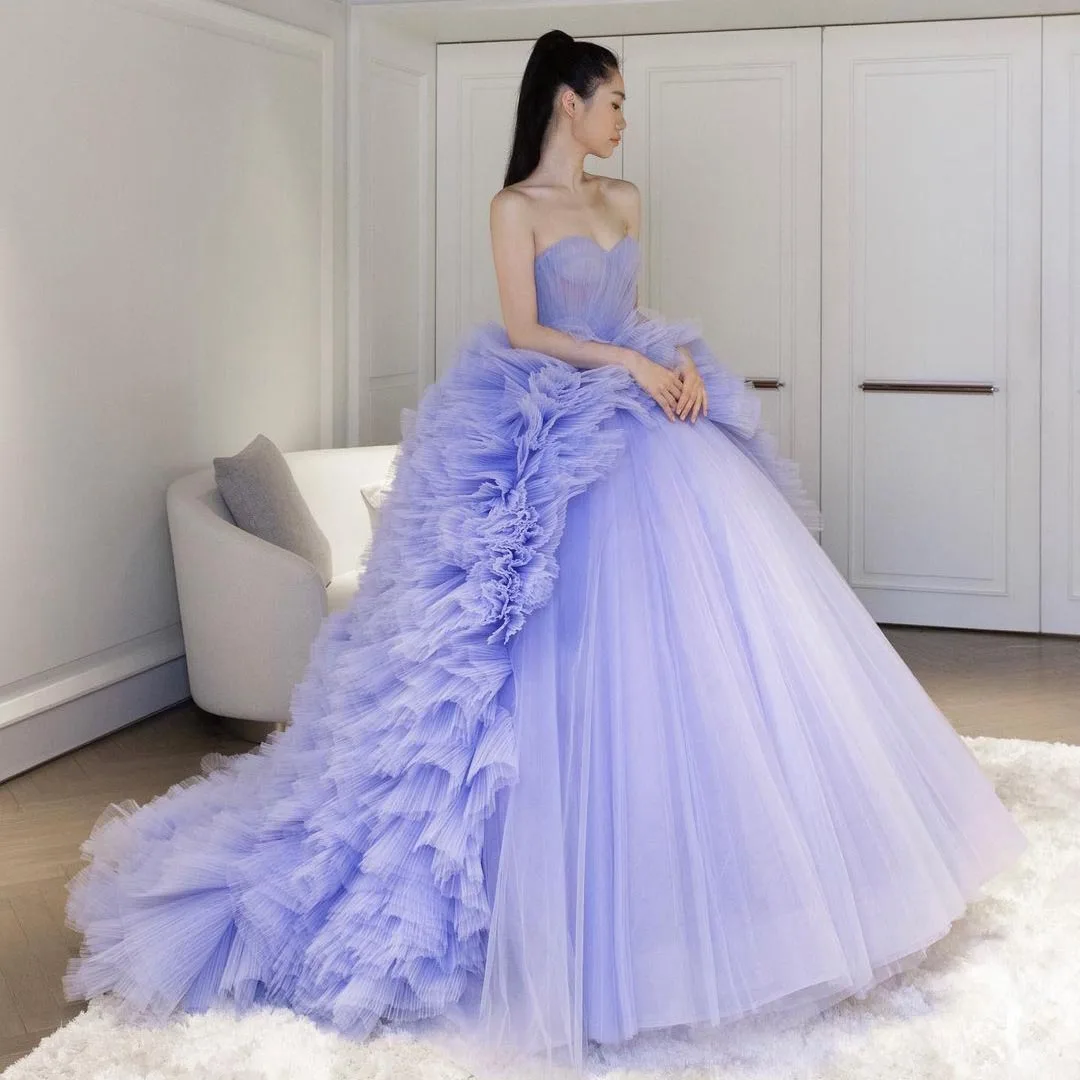 

Purple Evening Gowns Lavender Gown Layered Puffy Tulle Evening Dress With Long Train Lush Wedding Dresses Women For Bride