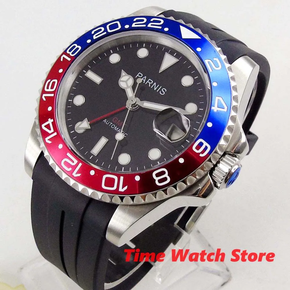 

Parnis 40mm GMT 3804 Automatic watch men sapphire glass waterproof rubber strap black blue red ceramic bezel dial luminous